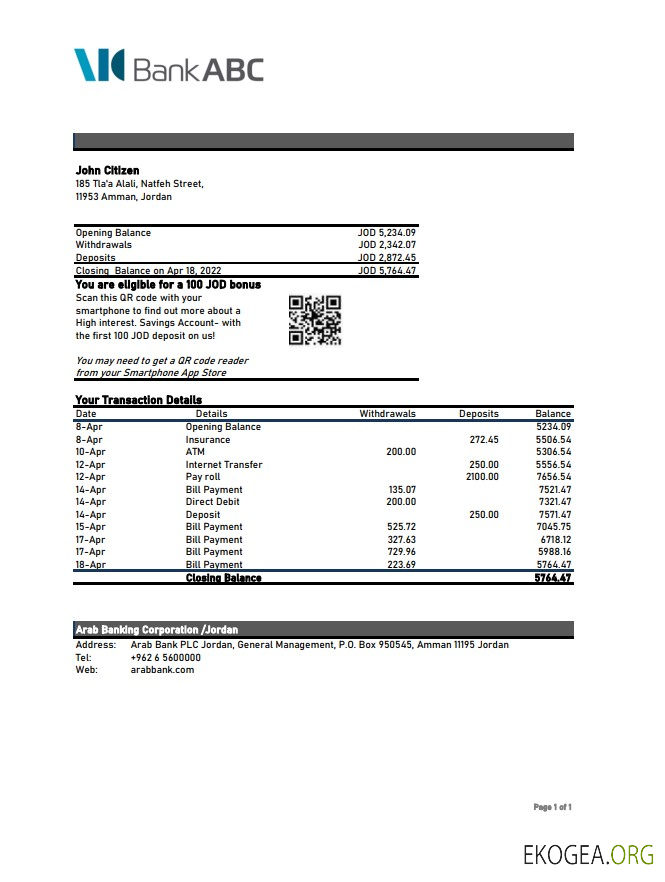 Relevé de la banque ABC de Jordanie xls